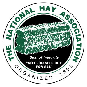 Logo of the National Hay Association: green bales of hay within a black and white circle with text.
