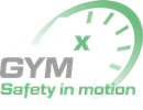 Een logo voor gym x veiligheid in beweging met een snelheidsmeter