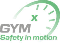 Een logo voor gym x veiligheid in beweging met een snelheidsmeter