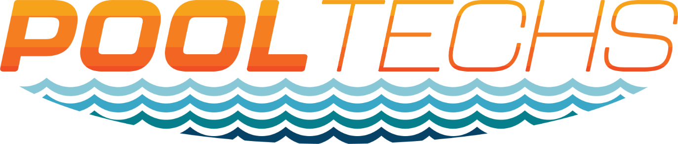 Pool Techs logo with orange text and wavy blue water design.