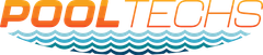 Pool Techs logo with orange text and wavy blue water design.