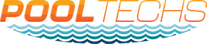 Pool Techs logo with orange text and wavy blue water design.