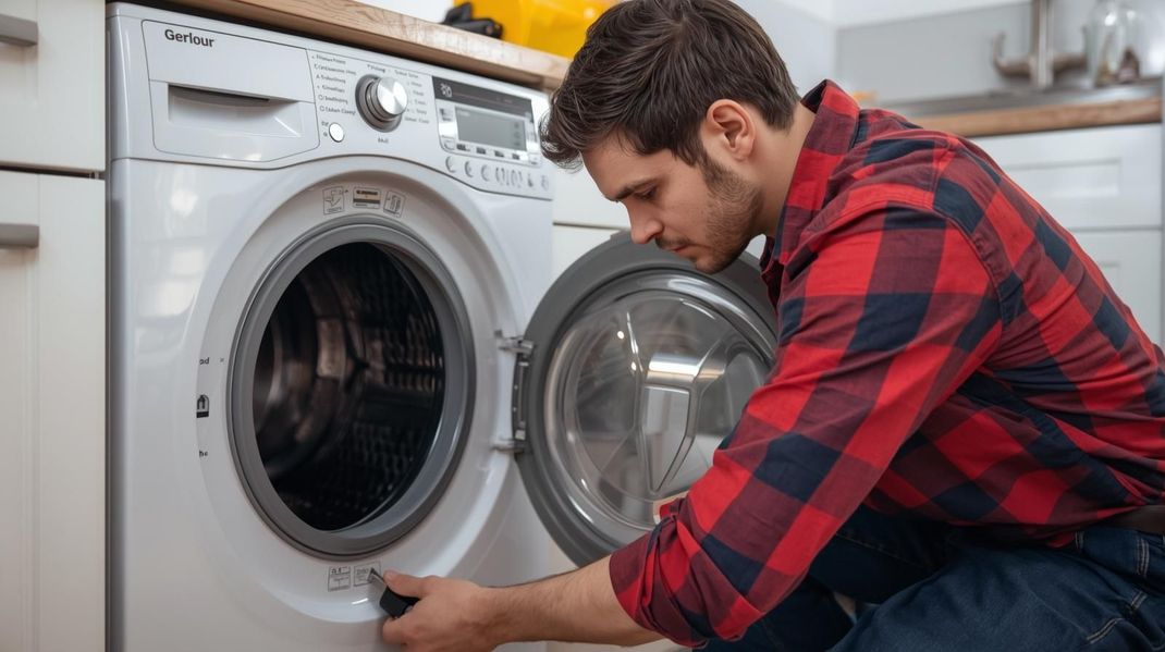 Man in red plaid shirt repairing a washing machine; kitchen setting.