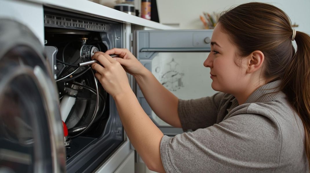 Woman repairs appliance, looking inside the open machine, working with tools. Kitchen setting.