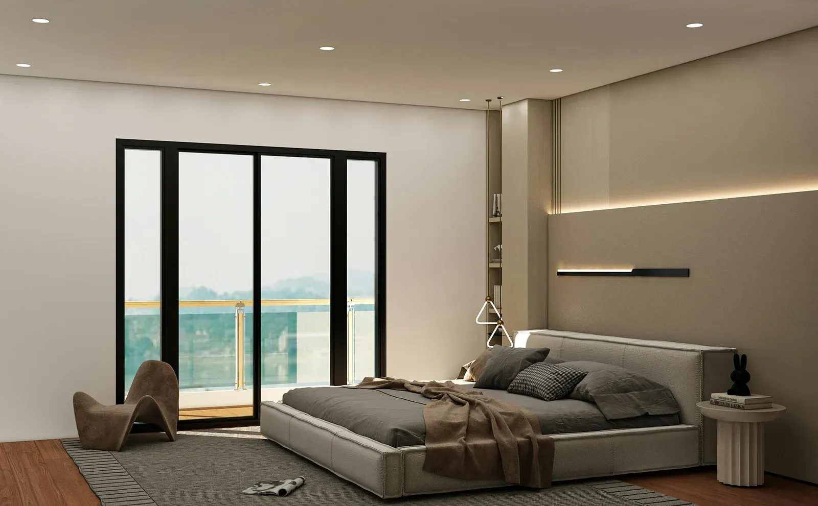 Modern minimalist bedroom with a low bed, wood floor, and large glass doors to a balcony with ocean view