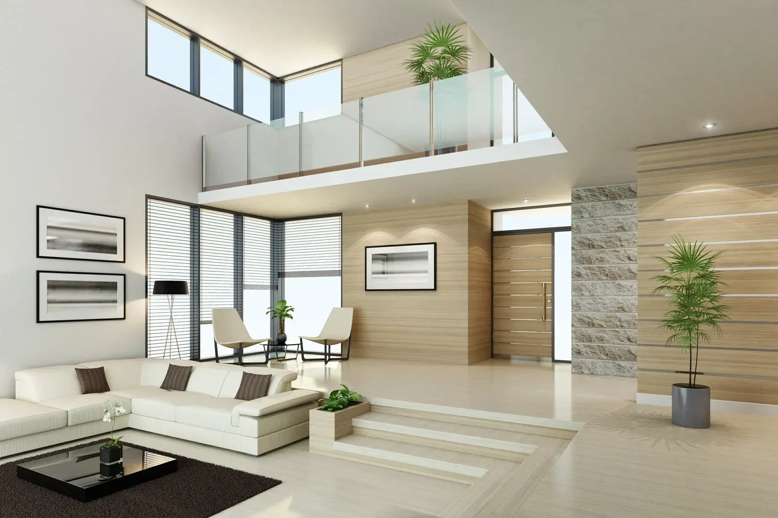 Modern bright living room with white sofa, stairs, glass balcony, wood and stone accents, and potted plants