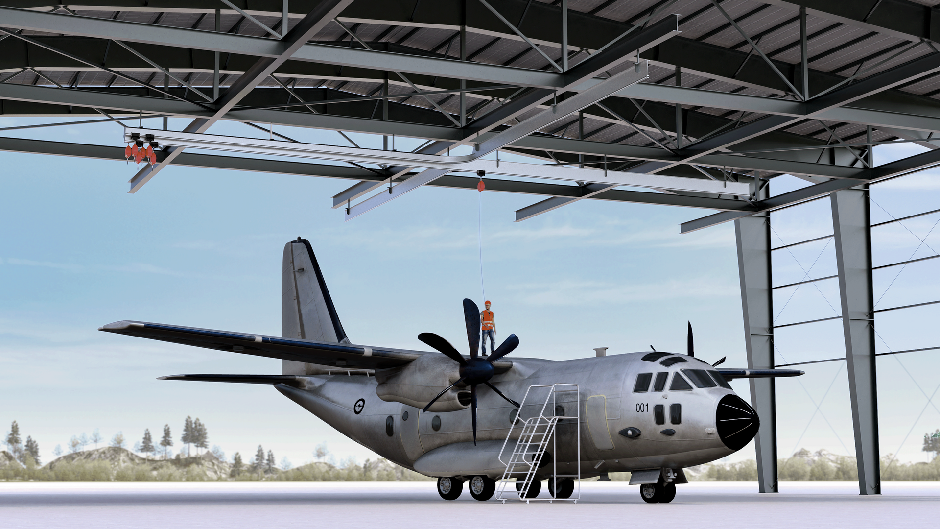 Overhead rail system in use at the airplane hangar for airplane access