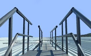 Roof access system for height safety with mesh walkway, aluminium guardrail, access platform and access ladder