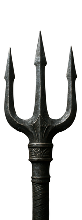 A close up of a trident on a white background.