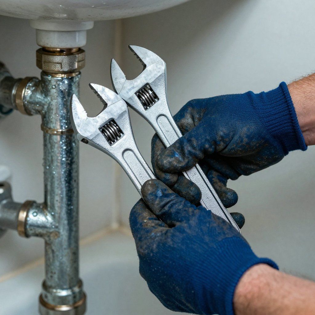 Plumber's hands in blue gloves holding two adjustable wrenches, working on pipes under a sink.