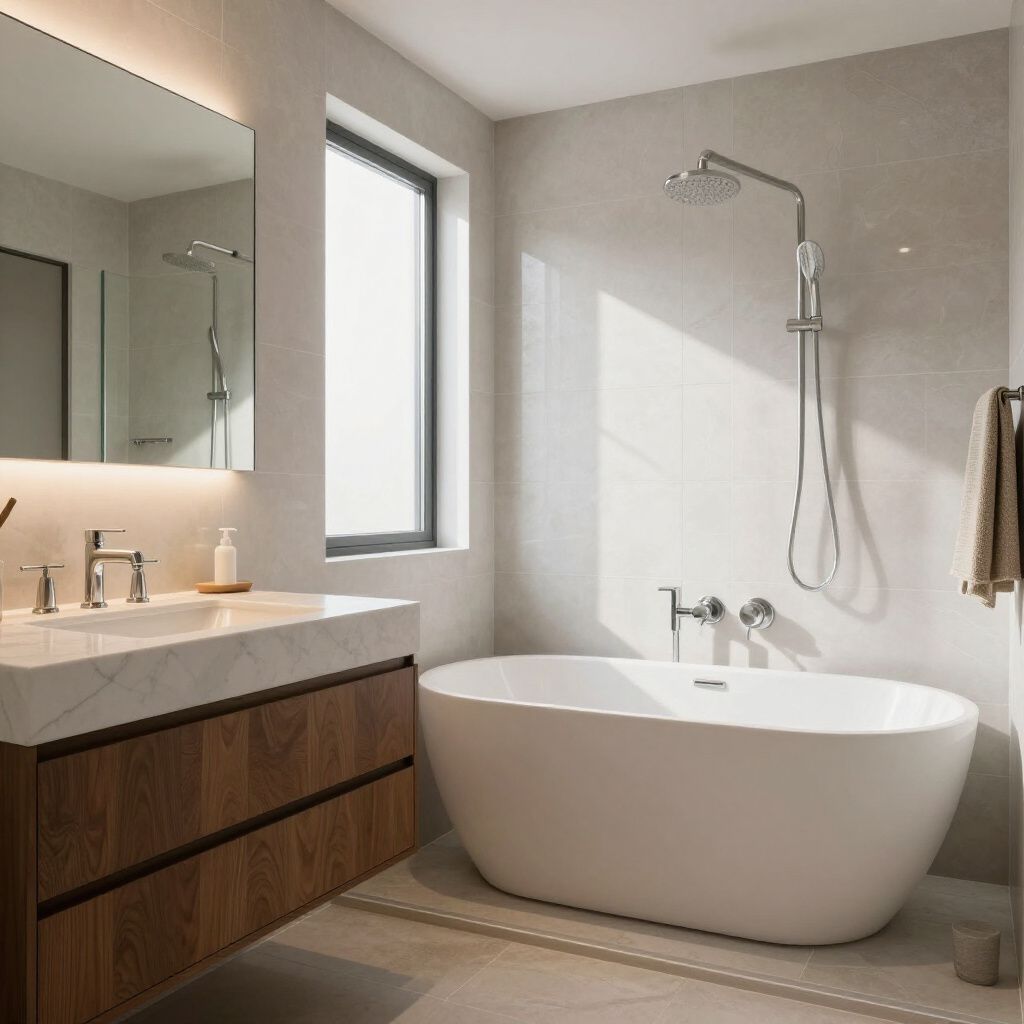 Modern bathroom with a white bathtub, shower, and vanity. Natural light streams through a window.