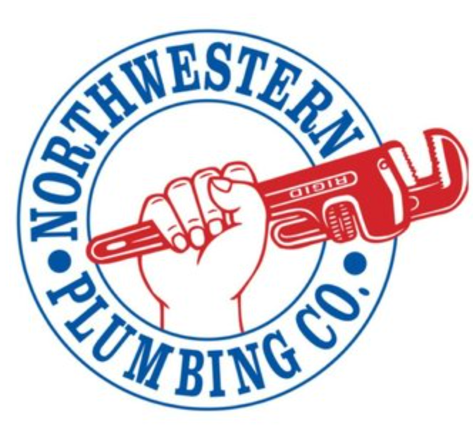 Logo of Northwestern Plumbing Co: Hand holding a red wrench, within a blue and white circle.