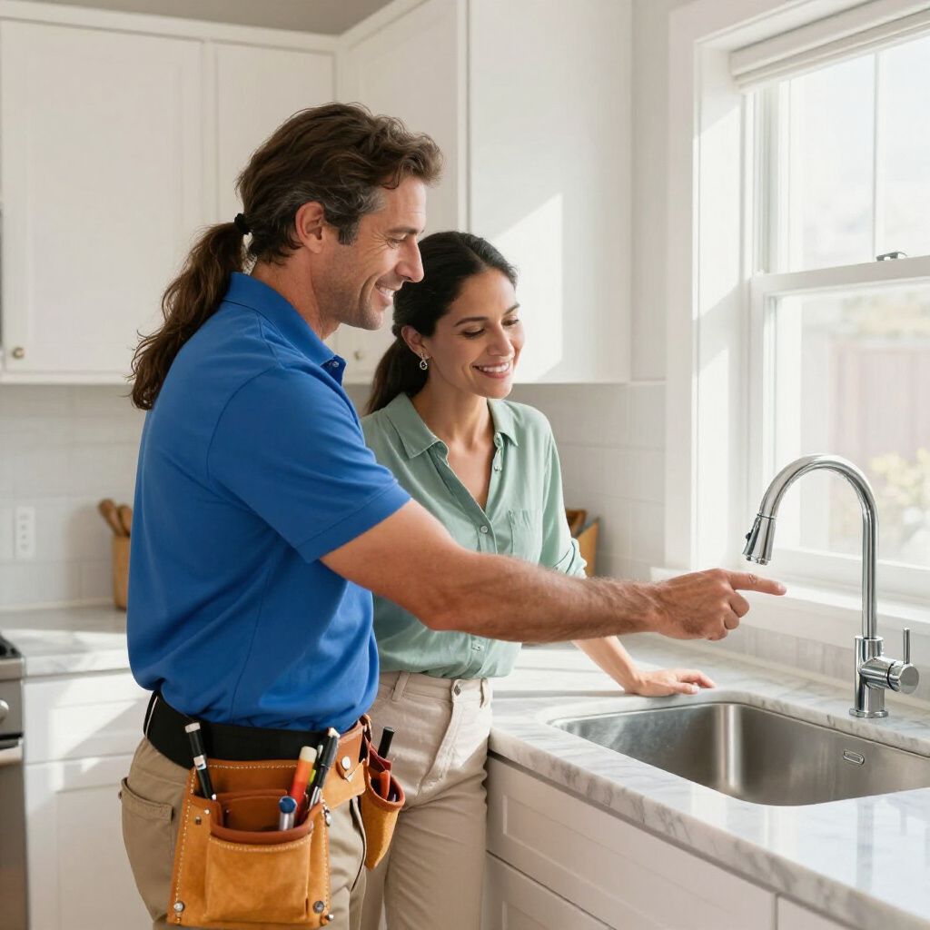 Plumber pointing at faucet with homeowner in kitchen; both smile.