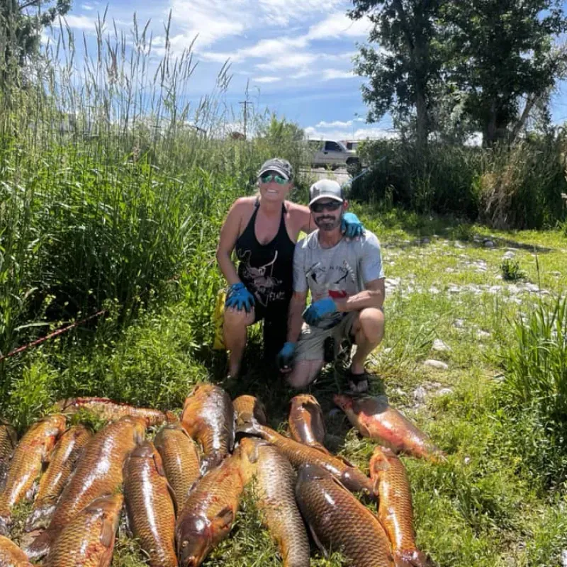 A man and a woman are kneeling next to a pile of fish.