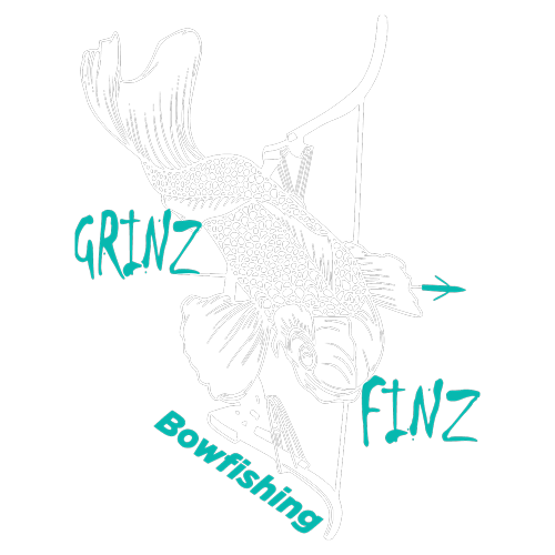 A drawing of a fish with the words grinz finz bowfishing below it.