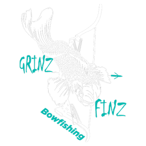 A drawing of a fish with the words grinz finz bowfishing below it.