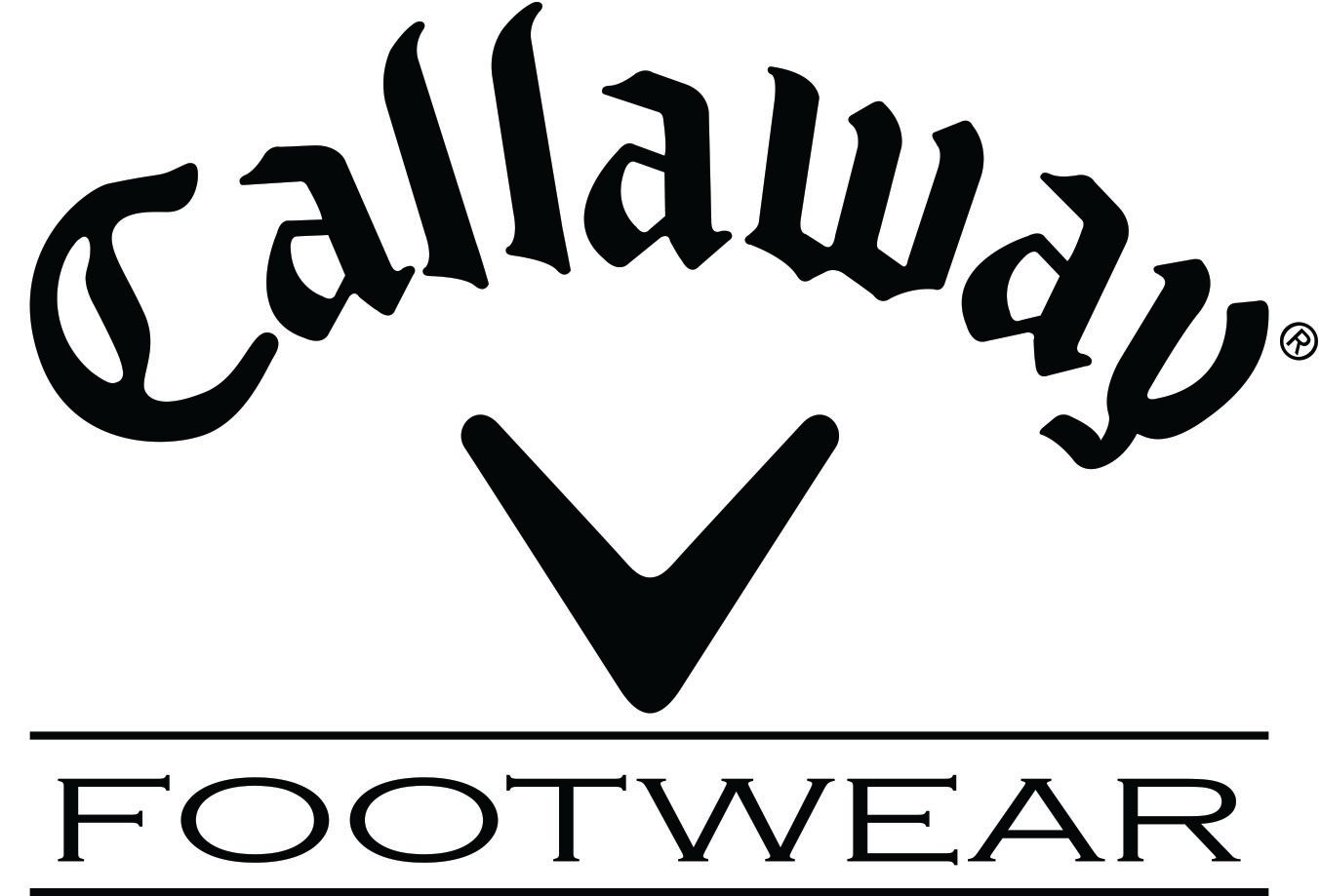 A black and white logo for callaway footwear on a white background.