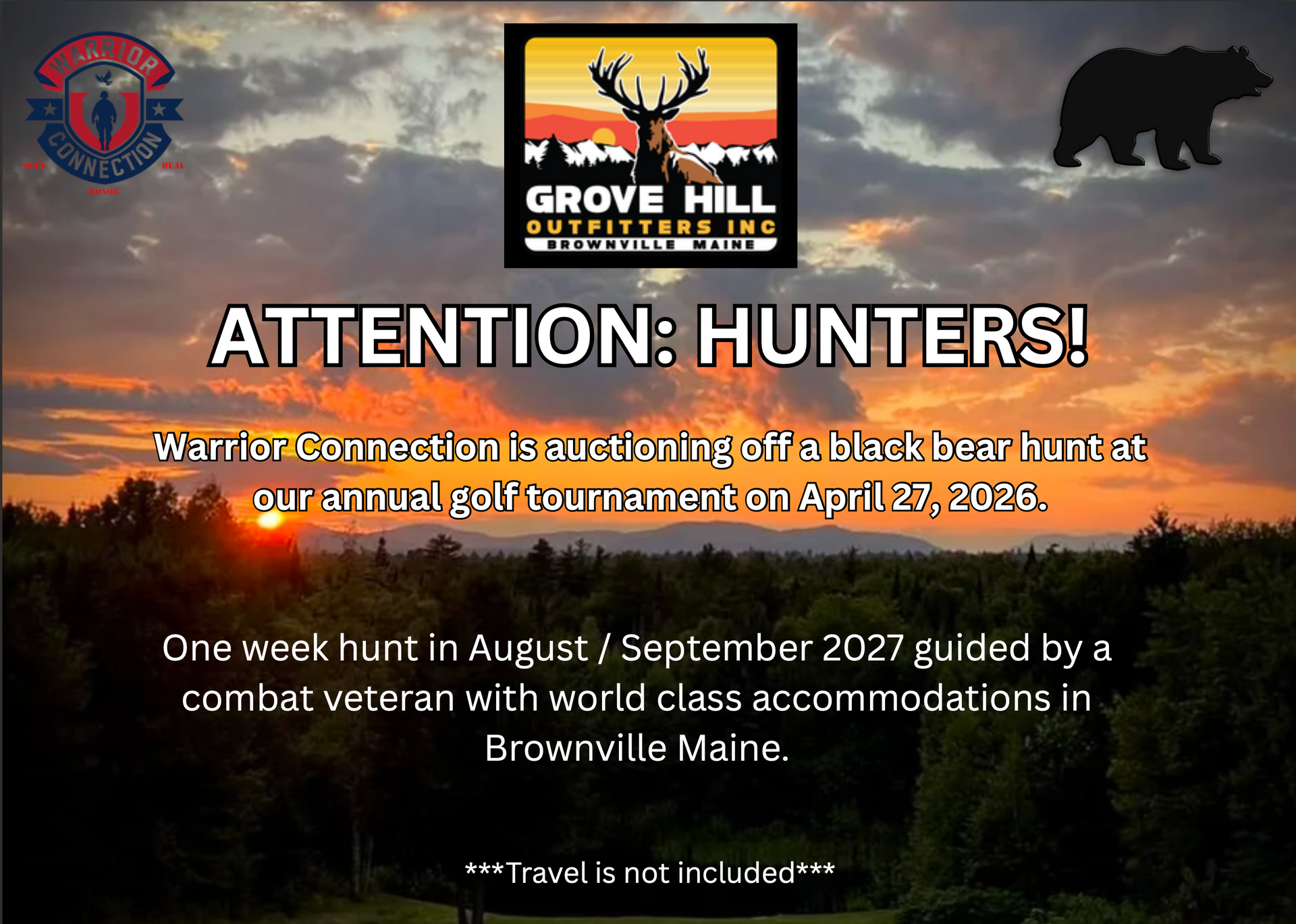 Announcement for a black bear hunt at a golf tournament in Brownville, Maine in August/September 2027.