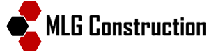 A mlg construction logo with a red and black hexagon on a white background
