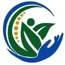 Blue hand cradles green leaves and a figure within a blue crescent, with a yellow spine detail.