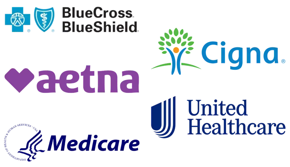 Logos of major health insurance companies: BlueCross BlueShield, Aetna, Cigna, United Healthcare, and Medicare.