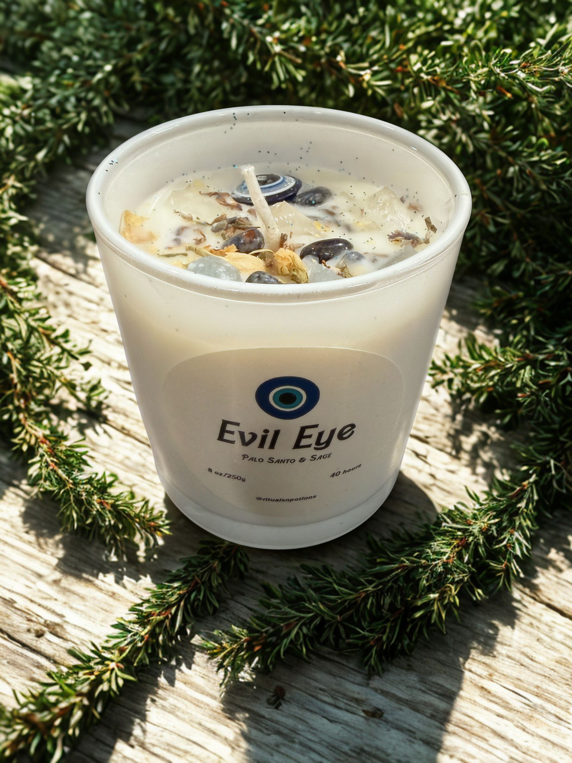 Evil Eye Manifesting Crystal Candle (Palo Santo & Sage) 8 oz