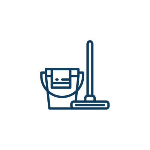 An icon of a bucket and mop on a white background.