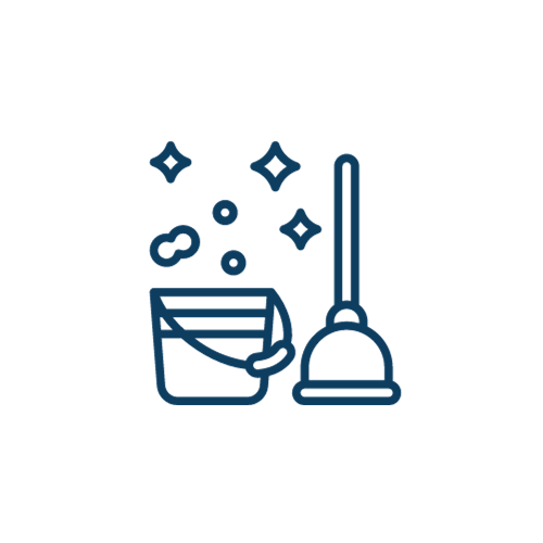 A line drawing of a bucket , mop and plunger.