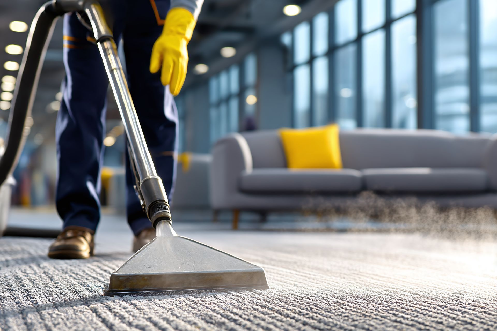 A person wearing yellow gloves uses a carpet cleaning machine on a grey office rug, with a couch in the background. A person wearing yellow gloves uses a carpet cleaning machine on a grey office rug, with a couch in the background.
