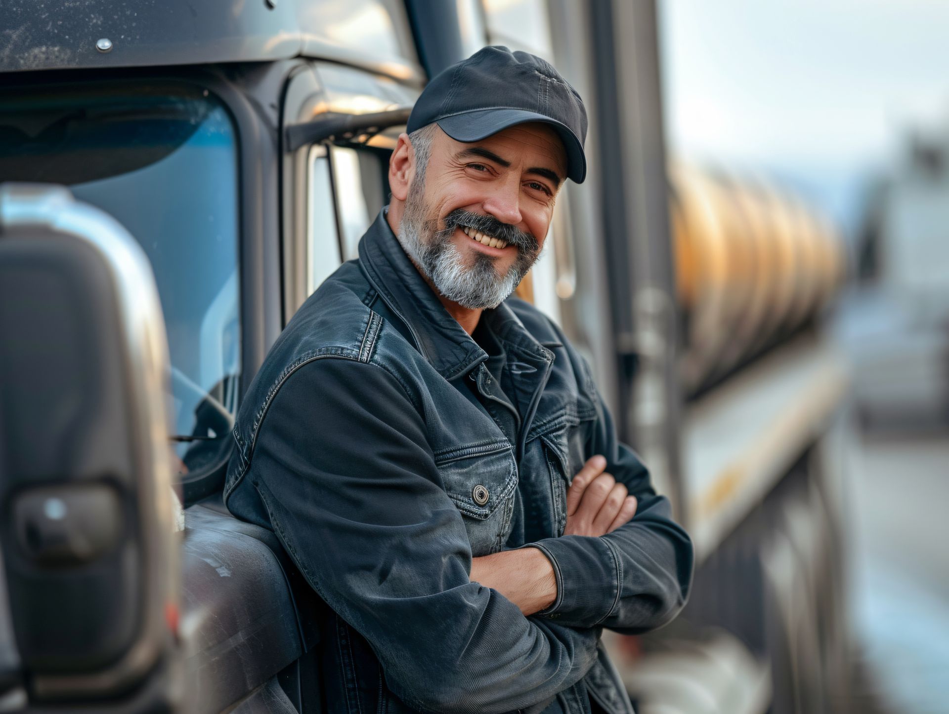 Woman driving a van, smiling. Interior shot with hat on dashboard, trees visible through the window.