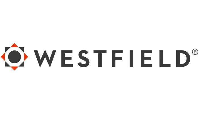 Westfield logo: Black text with a compass graphic, orange and black square design.
