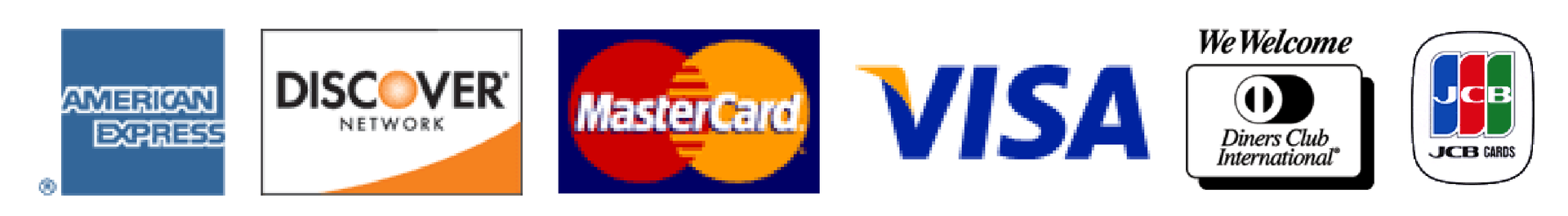 A row of credit card logos including mastercard visa and discover