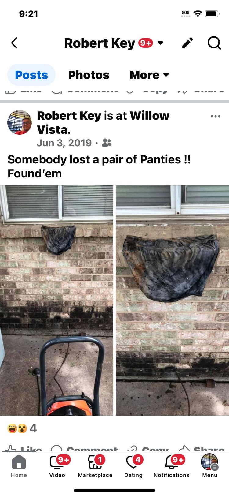 A social media post by Robert Key shows two pairs of black panties stuck on a brick wall.