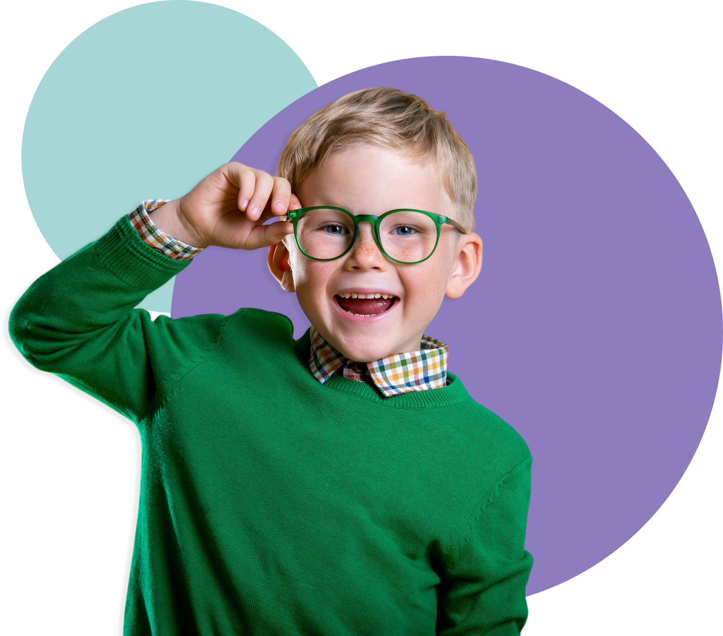 Four smiling children lying on the floor in front of overlapping purple and teal circles