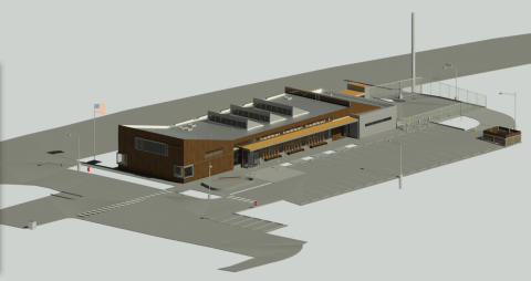 3D architectural model of administrative building exterior and surrounding parking