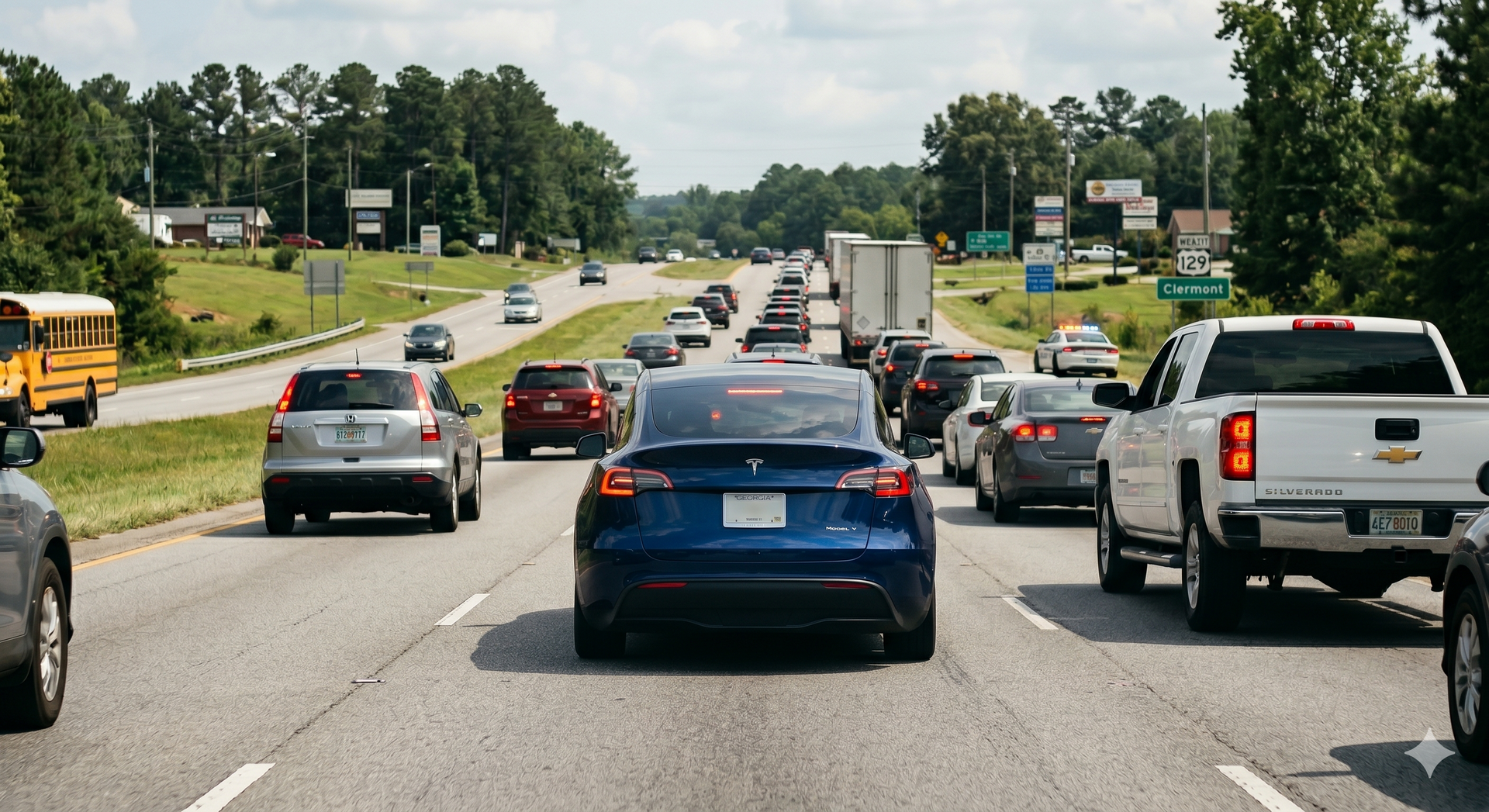 blue EV vehicle in traffic braking