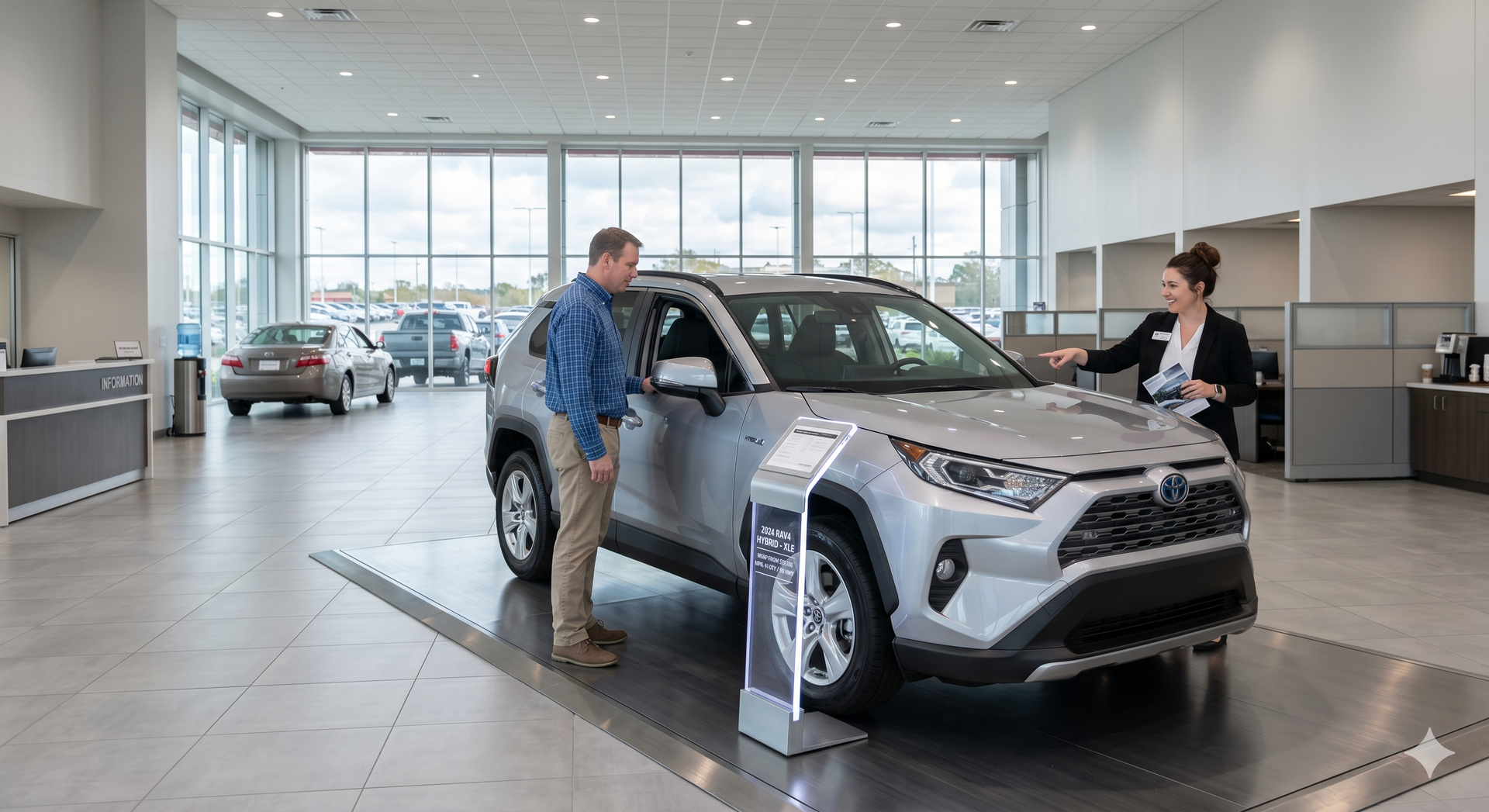 person looking at a car in a dealership