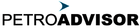 Logo for PETROADVISOR med svart tekst og et lite blått pilikon som peker oppover over bokstaven A.