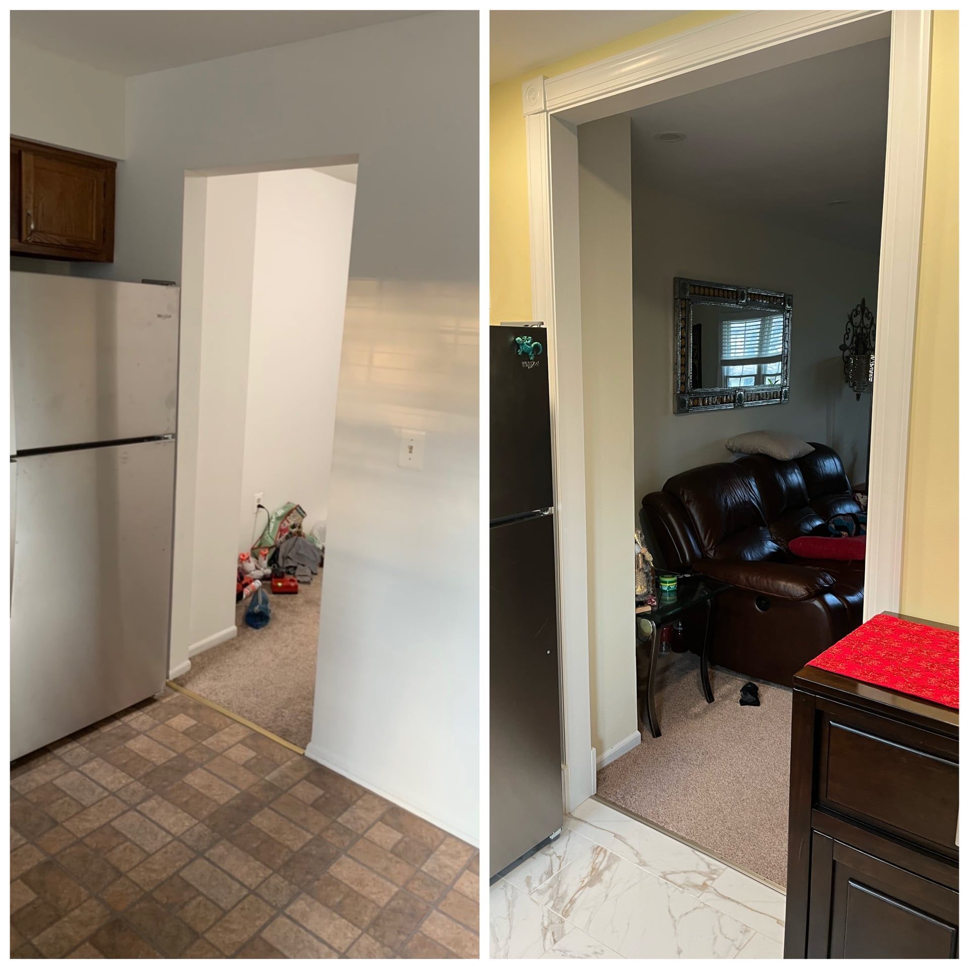 Two photos show a kitchen with a refrigerator and a doorway leading to a living room with furniture.