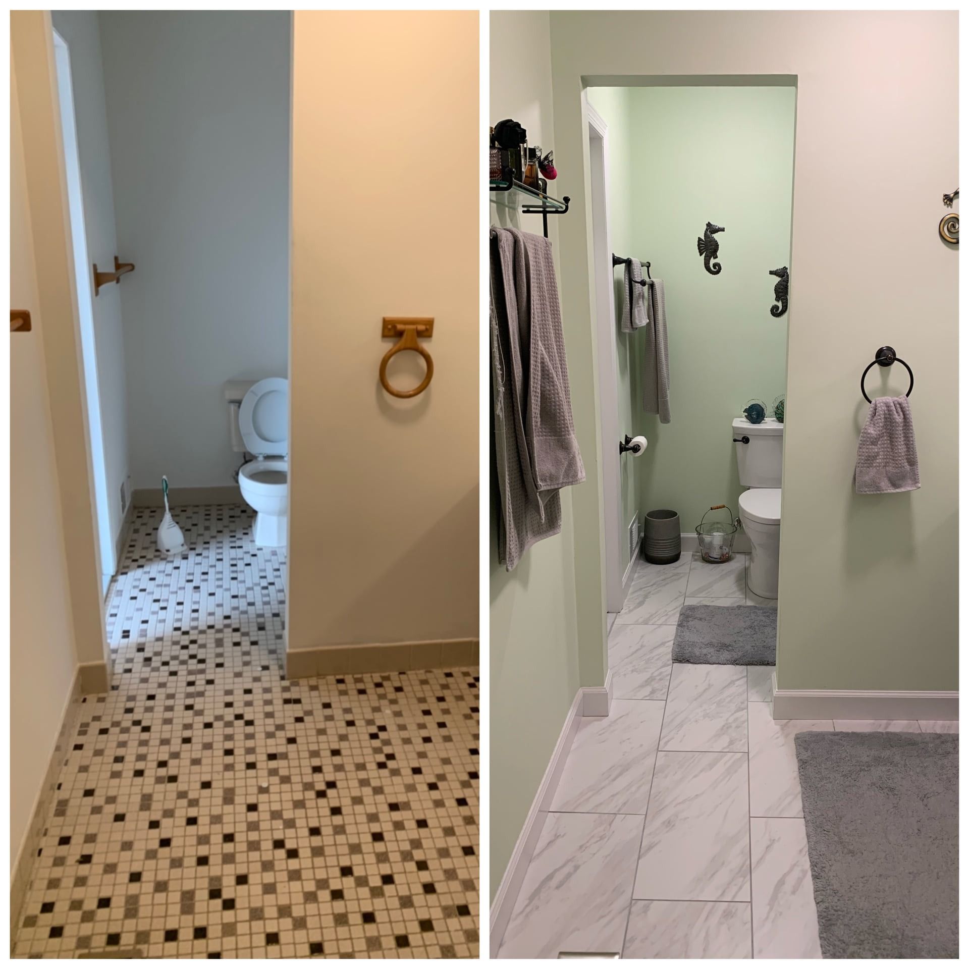 Before and after bathroom renovation: tiled floor replaced with marble, walls painted green, new fixtures.
