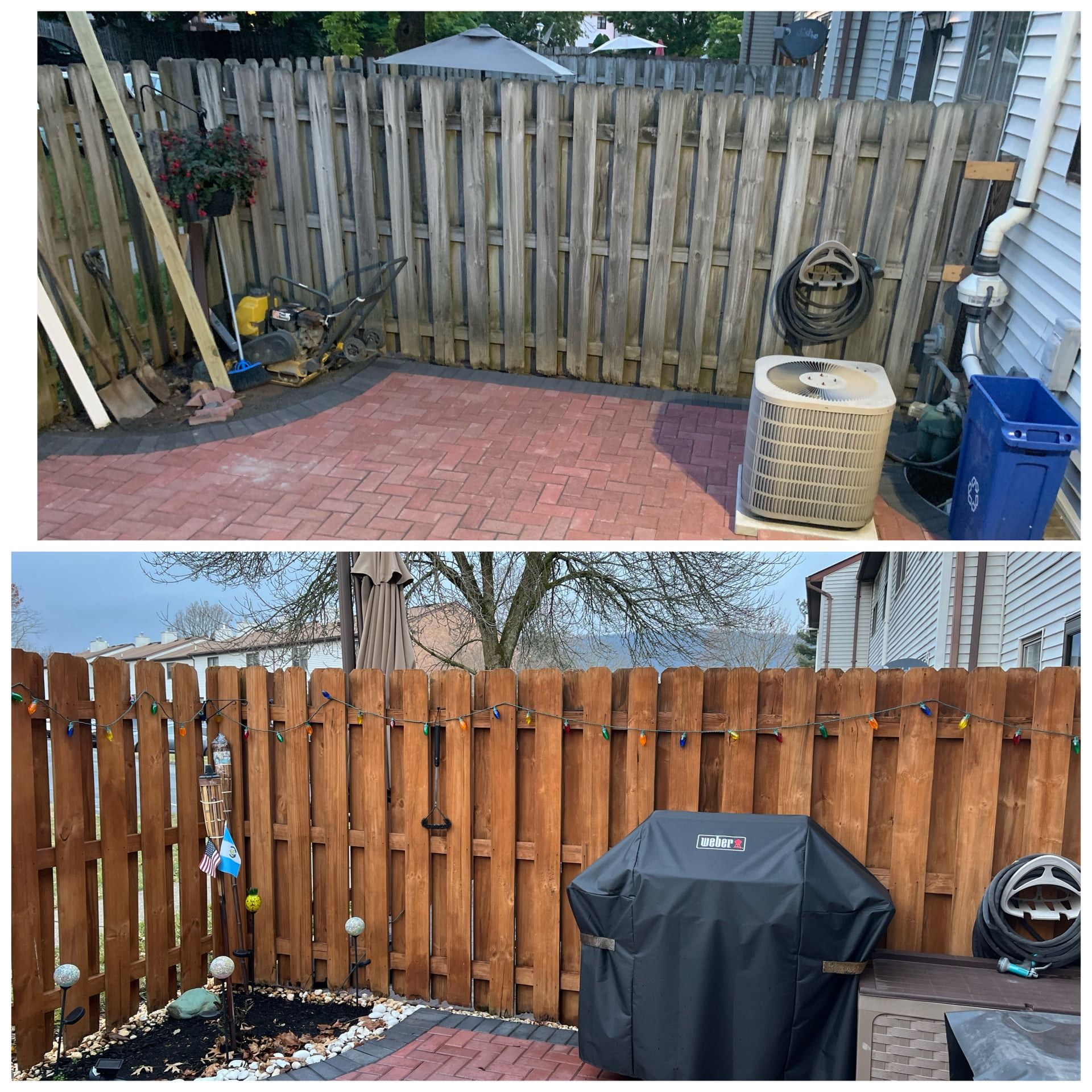 Before-and-after of a wooden fence; weathered gray in the top, stained brown with string lights and grill in the bottom.
