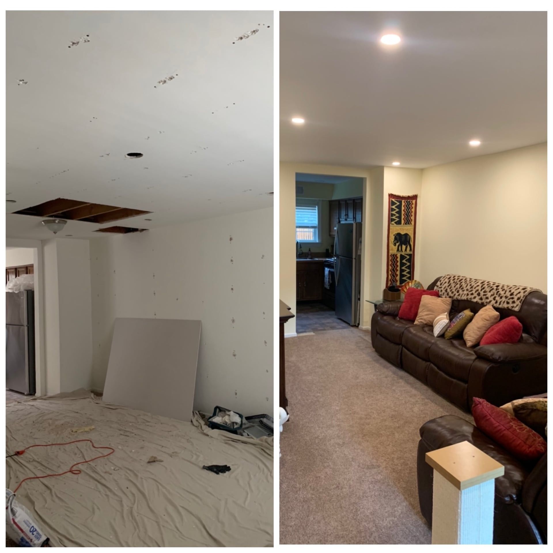 damaged ceiling and room in progress on left, finished room with new ceiling and furniture on right.