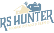 Logo for RS Hunter Home Remodeling featuring a rustic house, barn, and windmill icon in blue and cream colors.