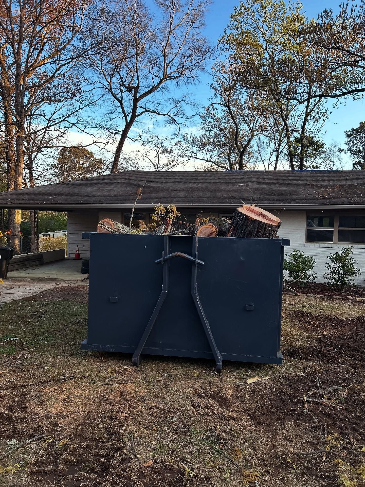 A blue dumpster filled with tree branches and a large tree trunk sits in front of a house.