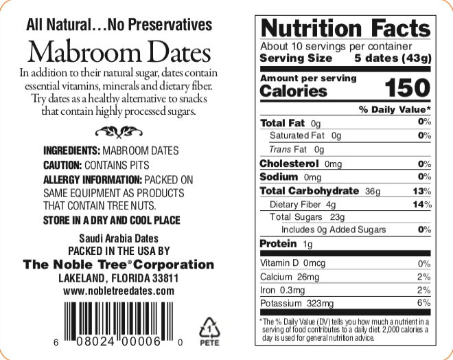 A nutrition facts label for a package of maroon dates