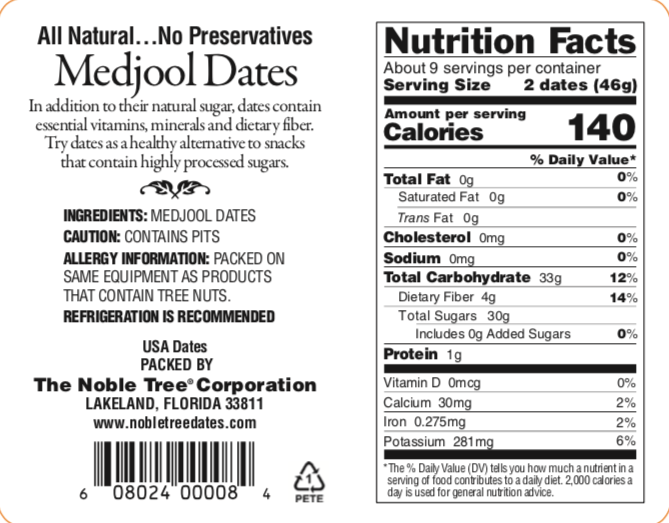A nutrition facts label for medjool dates from the noble tree corporation