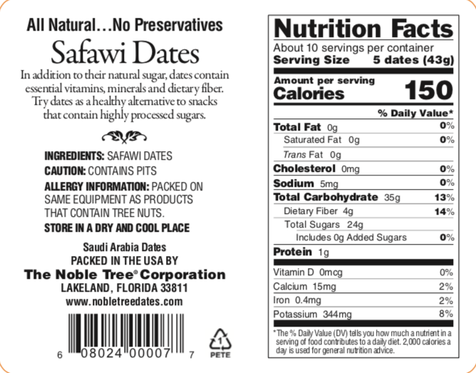 A nutrition facts label for safawi dates from the noble tree corporation