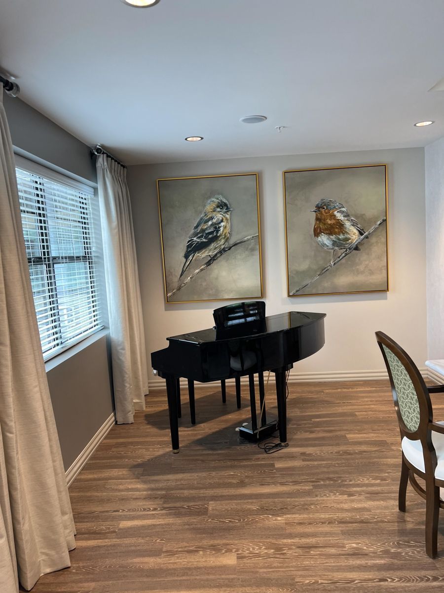 A black baby grand piano sits beneath bird paintings.  The room has curtains, a window, and a dining chair.