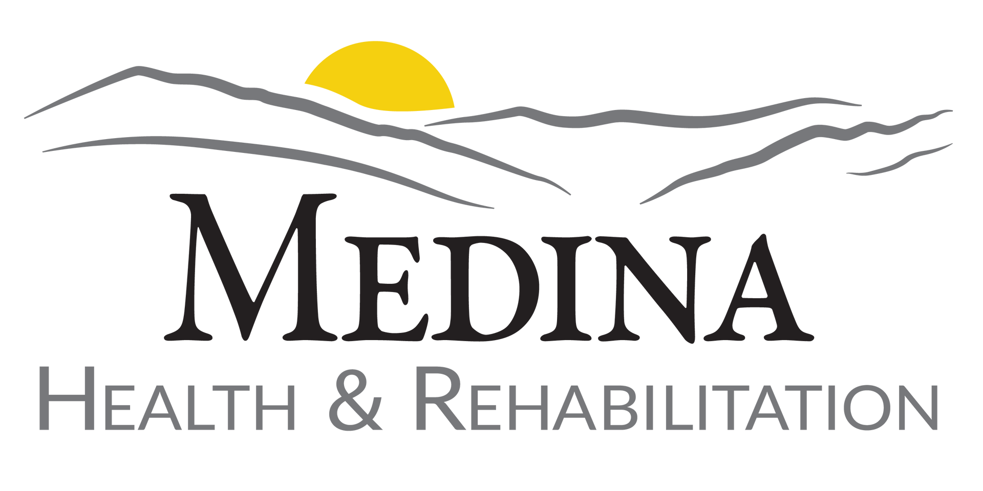 Medina Health & Rehabilitation logo: mountains, yellow sun, and text.