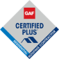 GAF Certified Plus Residential Roofing Contractor badge. Red, white, and blue logo.